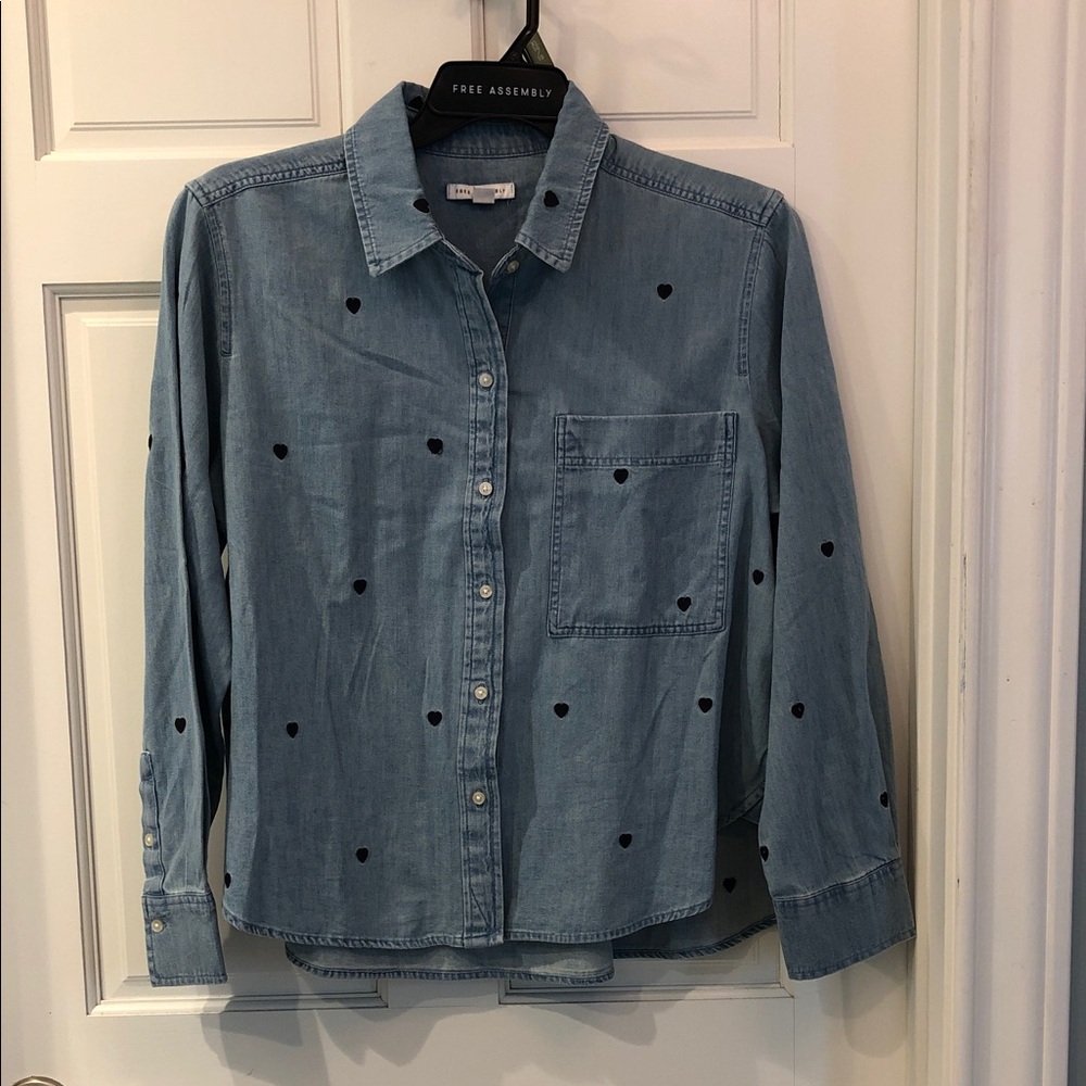 Free Assembly Light Blue Denim Shirt with Navy Heart Accents